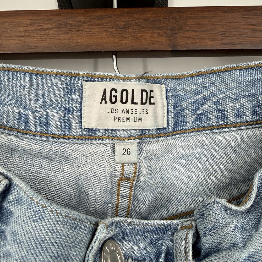 Agolde Size 26 Riley High Rise Straight Ankle Jeans Blue Button Fly Distressed - Picture 5 of 7